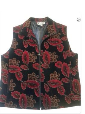 Black Velvet Floral Vest - Mandarin Collar - Red & Gold Embroidery - Size XXXL